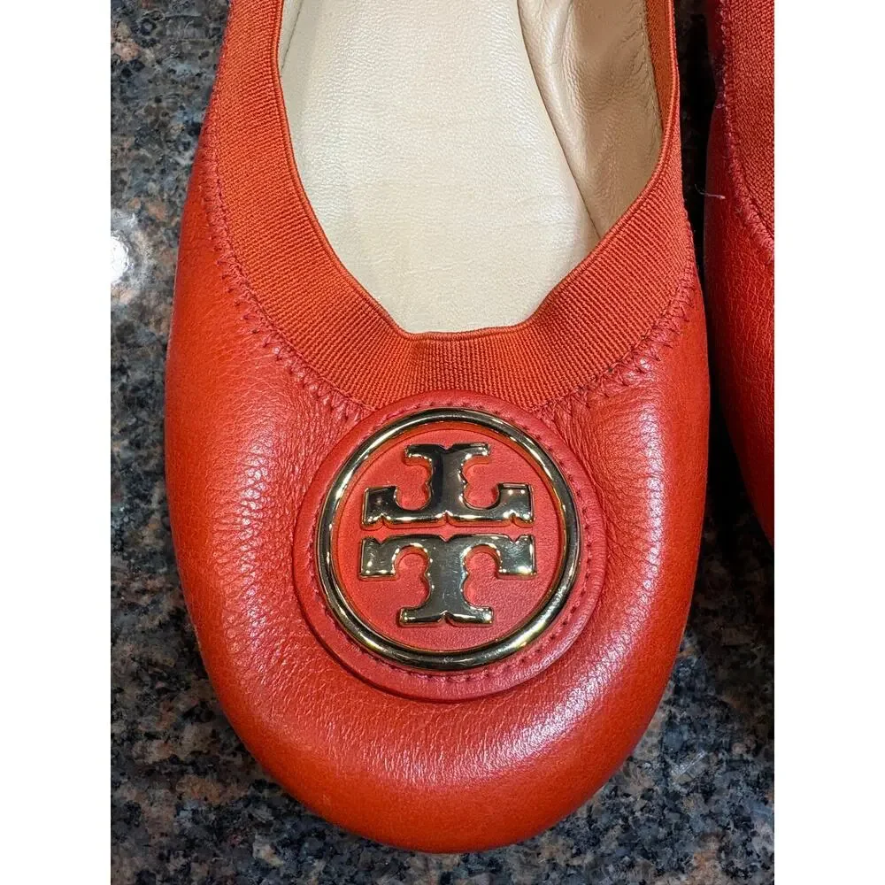Tory Burch Women’s Orange Leather Round Toe Slip-On Ballet Flats Size 9